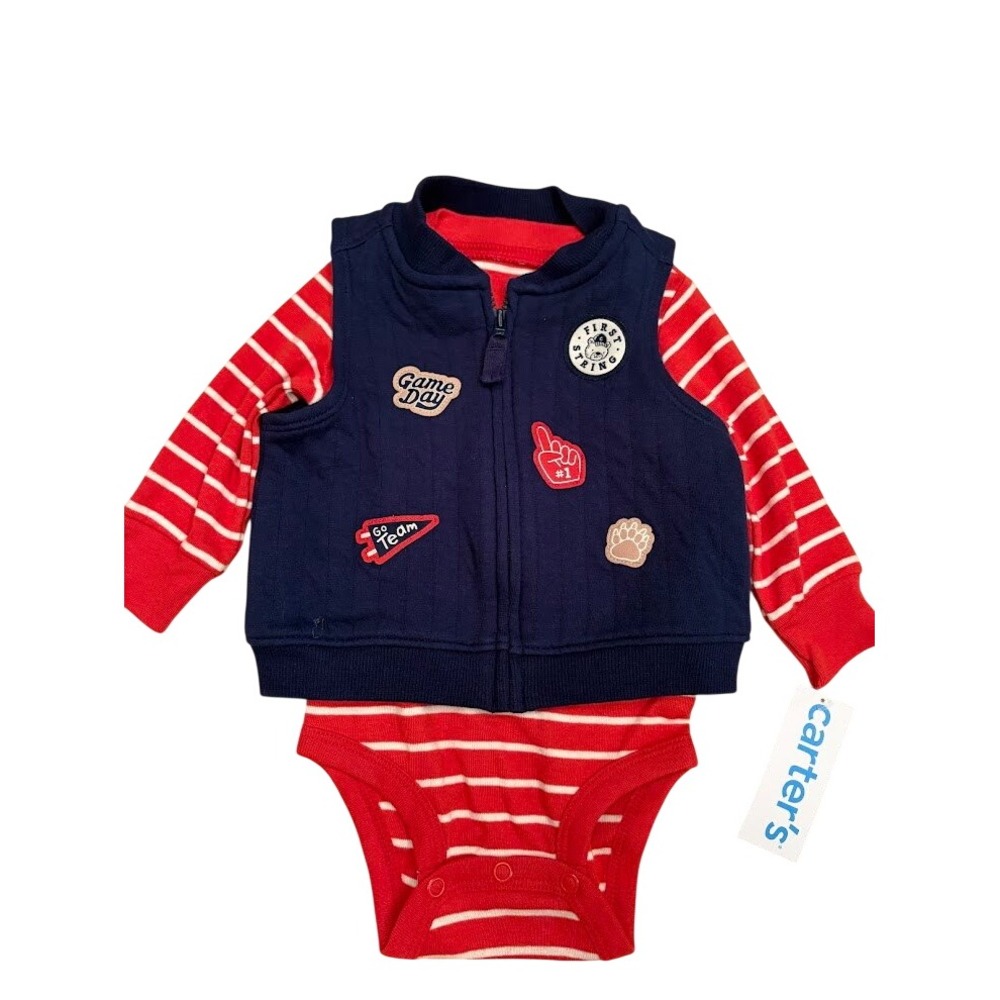 Carters Baby Boys 2 Piece Set Red Striped Bodysuit Navy Blue Sports Vest 3M